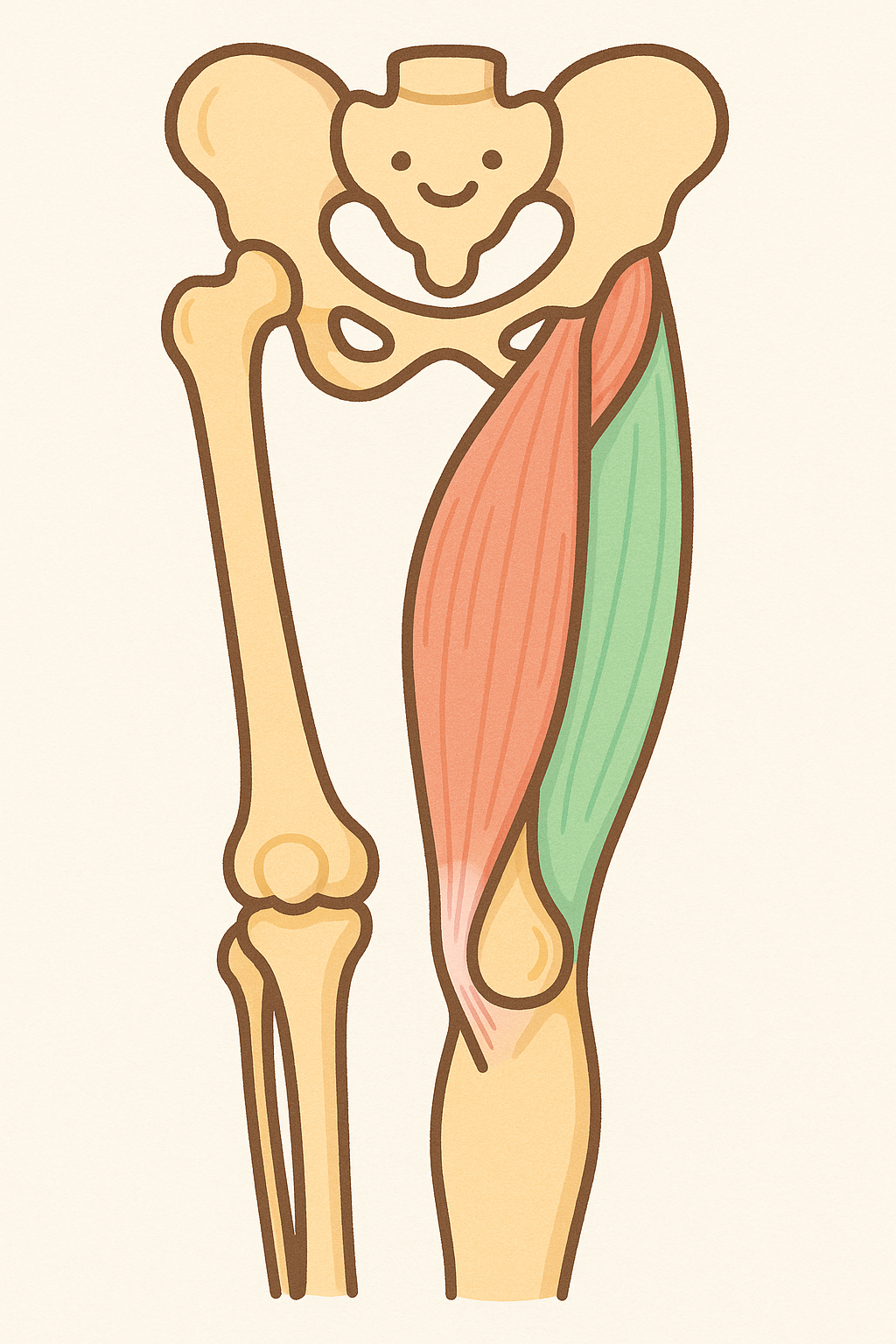 This diagram shows the four quadriceps muscles. The Rectus Femoris (middle muscle) crosses both your hip and knee joints, while the other three vastus muscles only cross the knee.