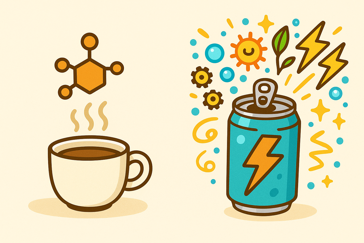 Coffee mainly contains caffeine, but energy drinks are packed with a complex mix of caffeine, herbal stimulants, amino acids, and high doses of vitamins.
