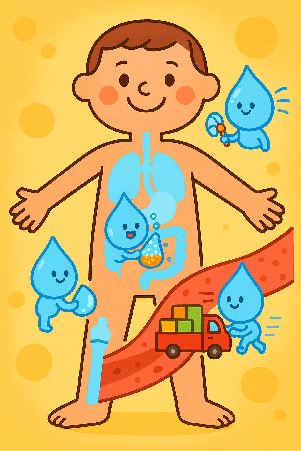This illustration shows how water is like a team of superheroes inside your body, working hard to carry nutrients, dissolve waste, cushion your joints, and help regulate your body temperature, keeping you healthy.