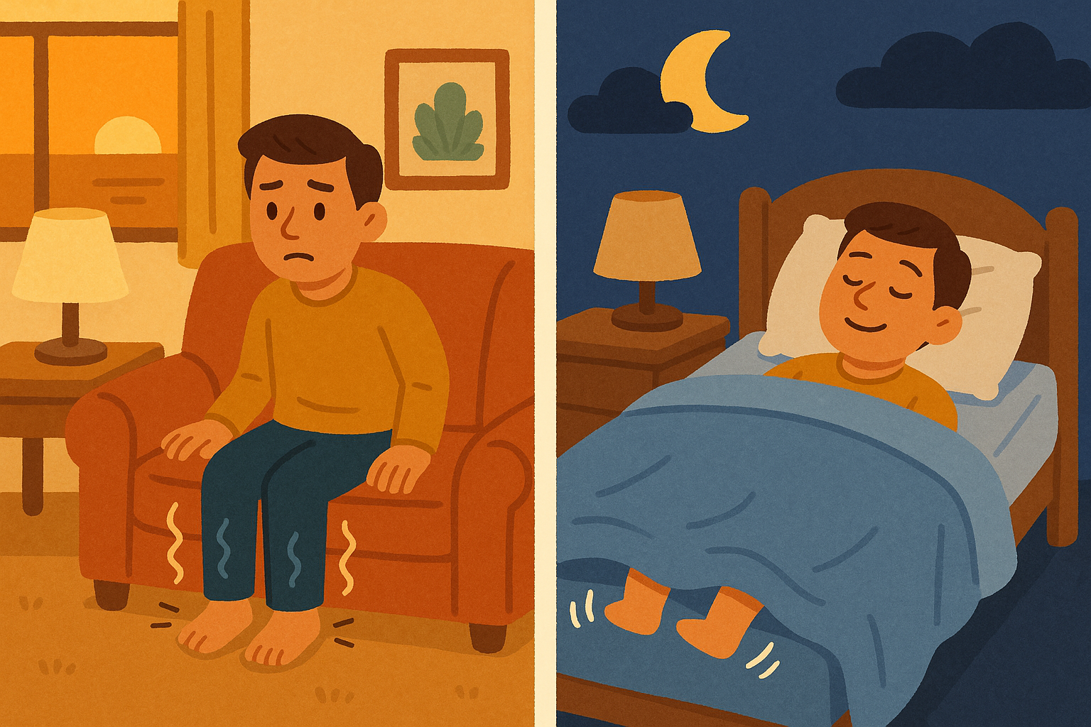 RLS (left) is a strong urge to move your legs while awake, usually with uncomfortable sensations that stop when you move. PLMS (right) are involuntary leg jerks that happen while you're asleep, and you often don't even know they're happening.