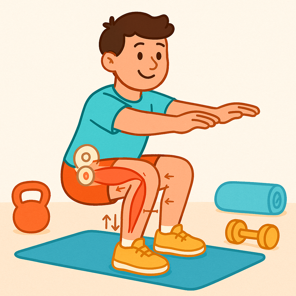 During a squat, your hip bends (shortening the top of the Rectus Femoris) and your knee bends (stretching the bottom). Because both ends move in opposite ways, the muscle's overall length doesn't change much, making it less active.