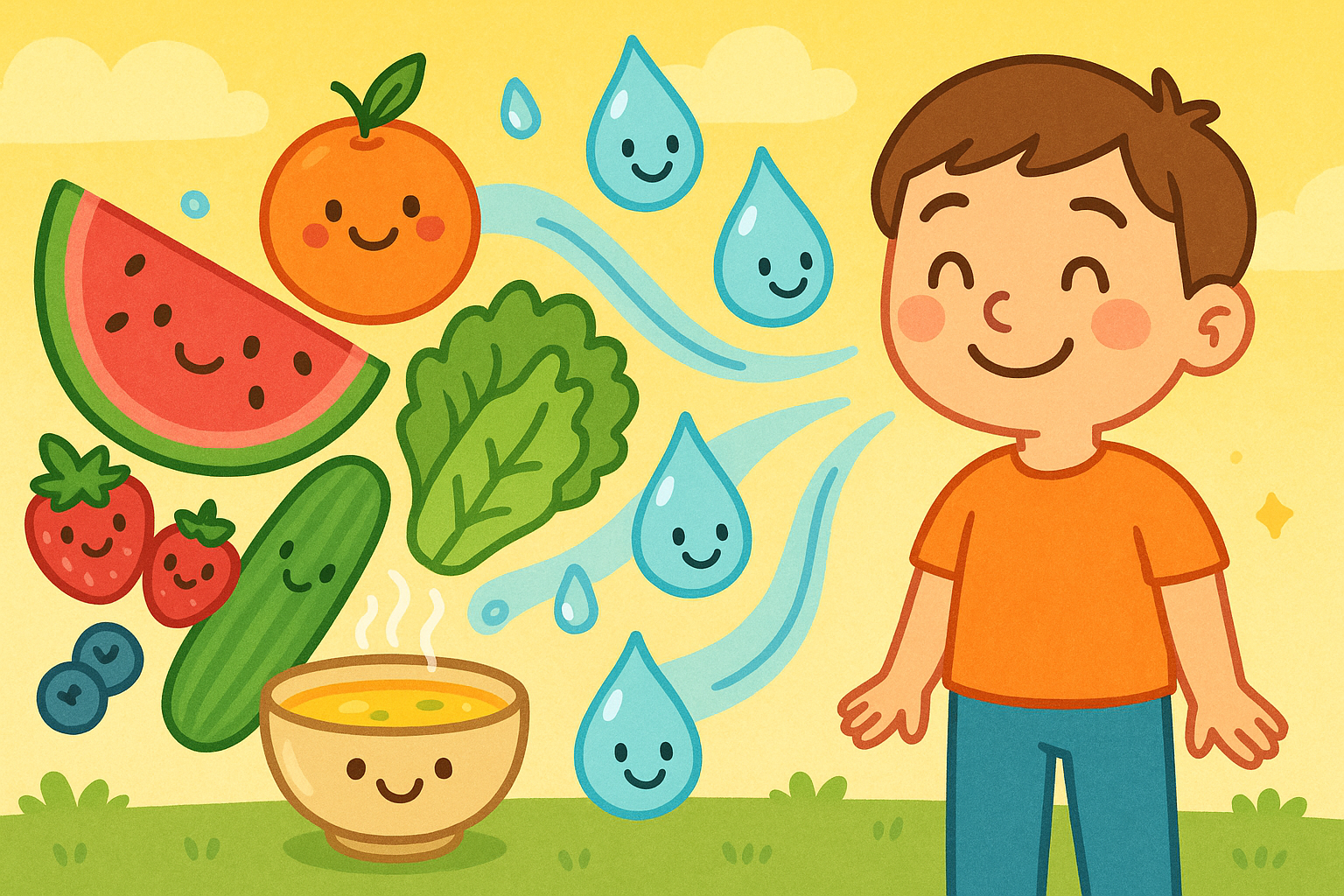 This image illustrates that not all your daily water needs come from drinks; many common foods like fruits, vegetables, and soups are packed with water and contribute significantly to keeping you hydrated.