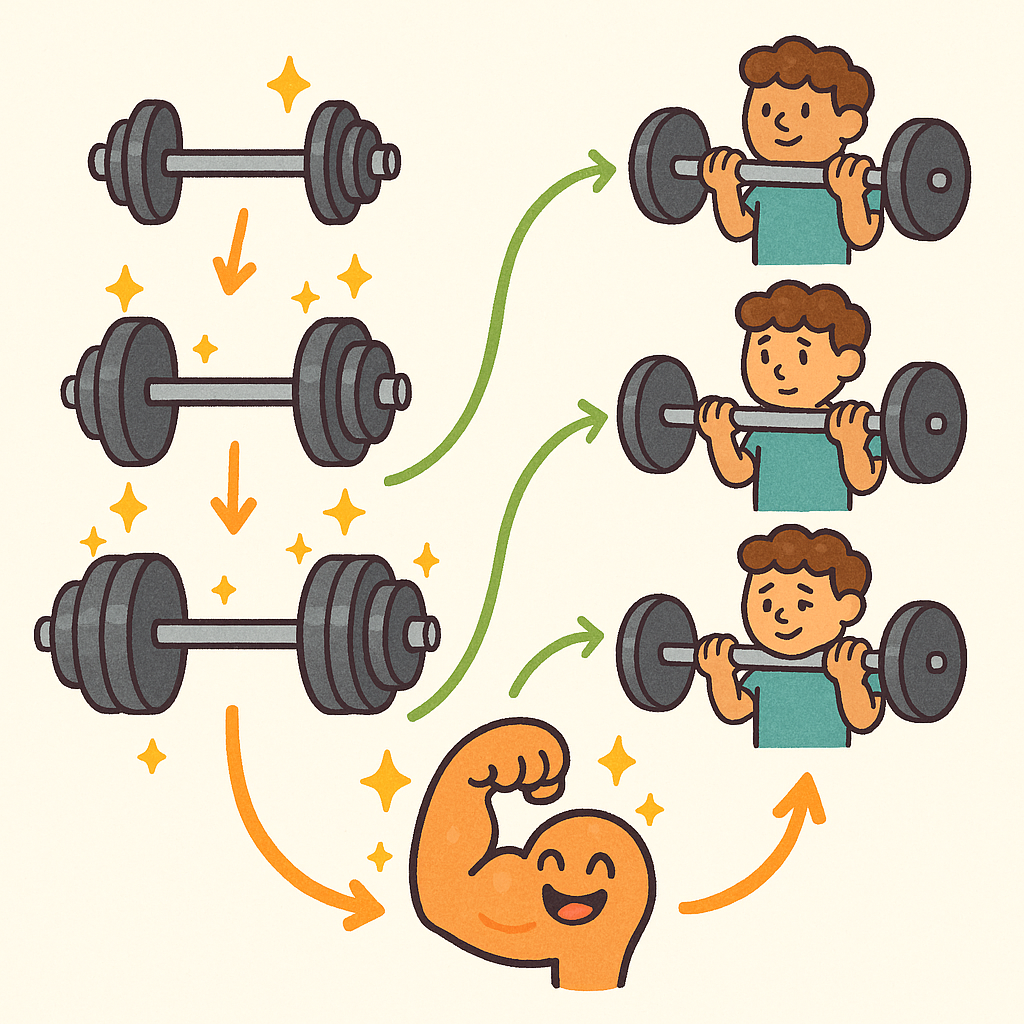 You can make your muscles grow by either lifting heavier weights over time or by doing more repetitions with the same weight. Both methods effectively challenge your muscles.