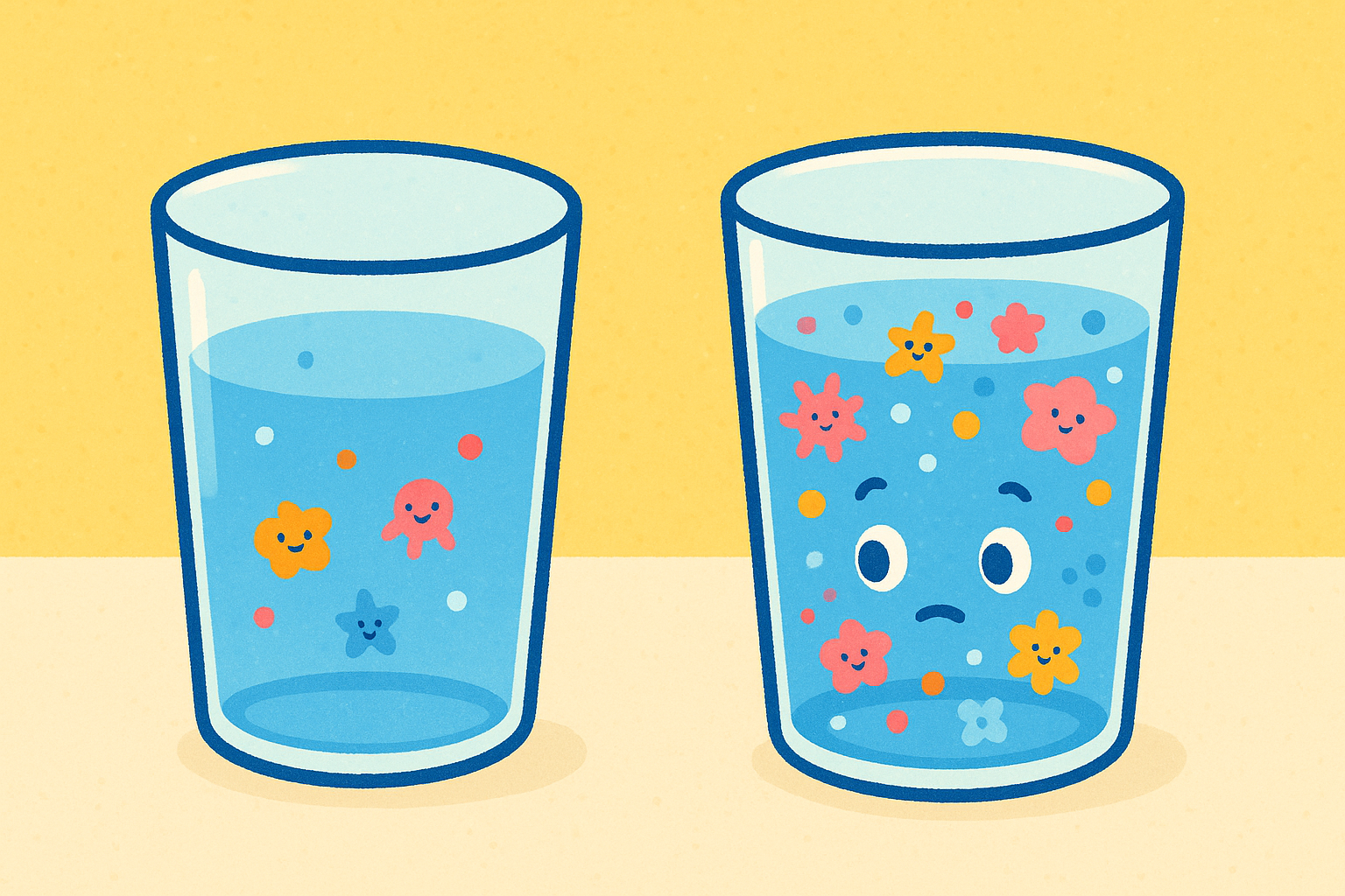 This illustration compares tap water and bottled water, showing how tiny plastic particles called microplastics can be present in both, often in higher amounts in bottled water.