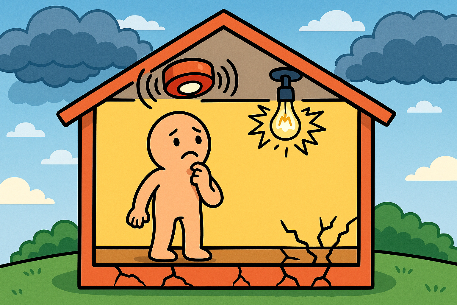 This illustration shows how Long COVID feels: the initial infection (storm) is over, but the body's systems (like a house's alarm, lights, and foundation) continue to malfunction long afterward.