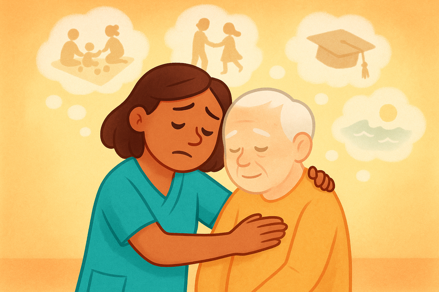This illustration shows 'anticipatory grief,' where caregivers mourn the gradual loss of a loved one's memory and personality even while they are still physically present. It's a confusing mix of love and sadness as the person they knew slowly slips away.