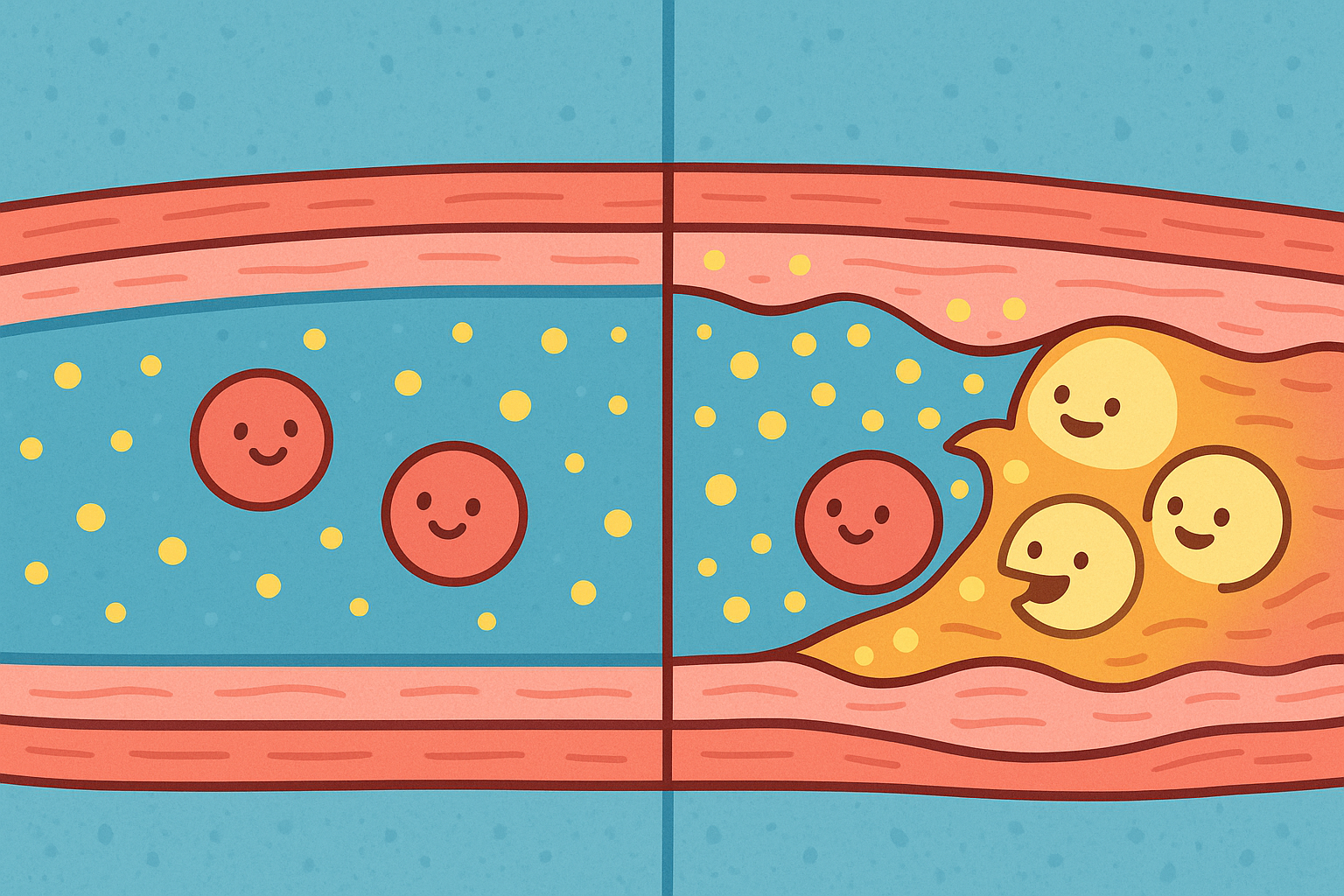 Unlike popular belief, arterial plaque forms *inside* the artery wall when cholesterol slips past a damaged lining. Immune cells called macrophages try to clean it up, but often get stuck.