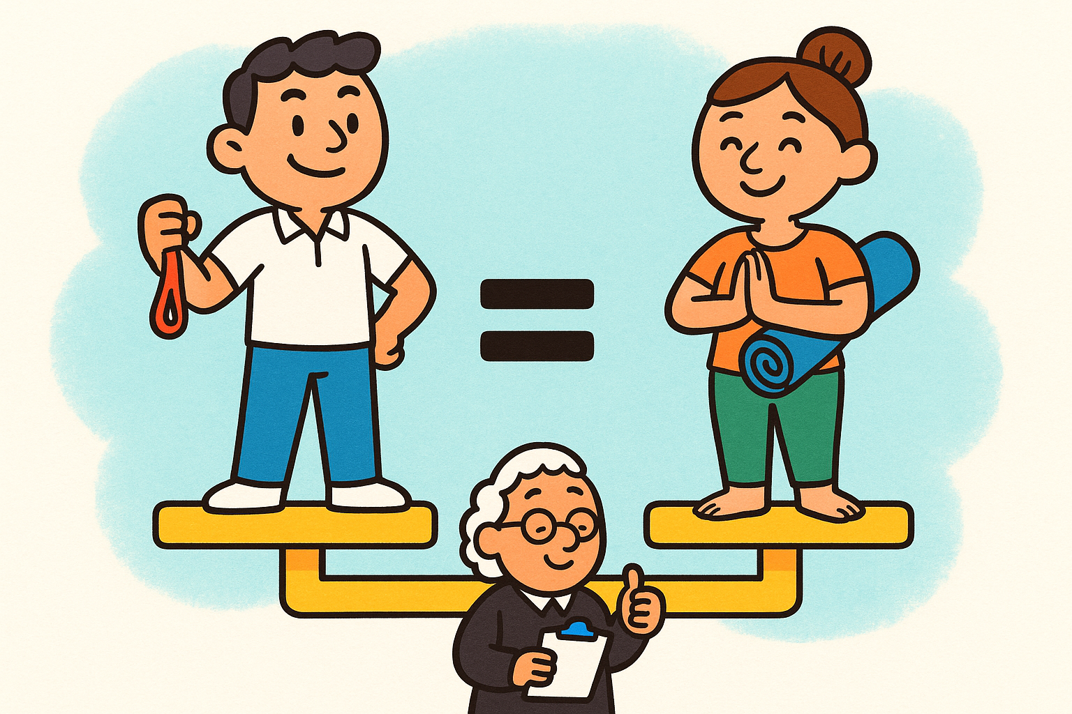 A 'non-inferiority trial' is like a friendly competition to see if a new treatment is just as good as an existing one. This image shows yoga proving it's as effective as physical therapy.