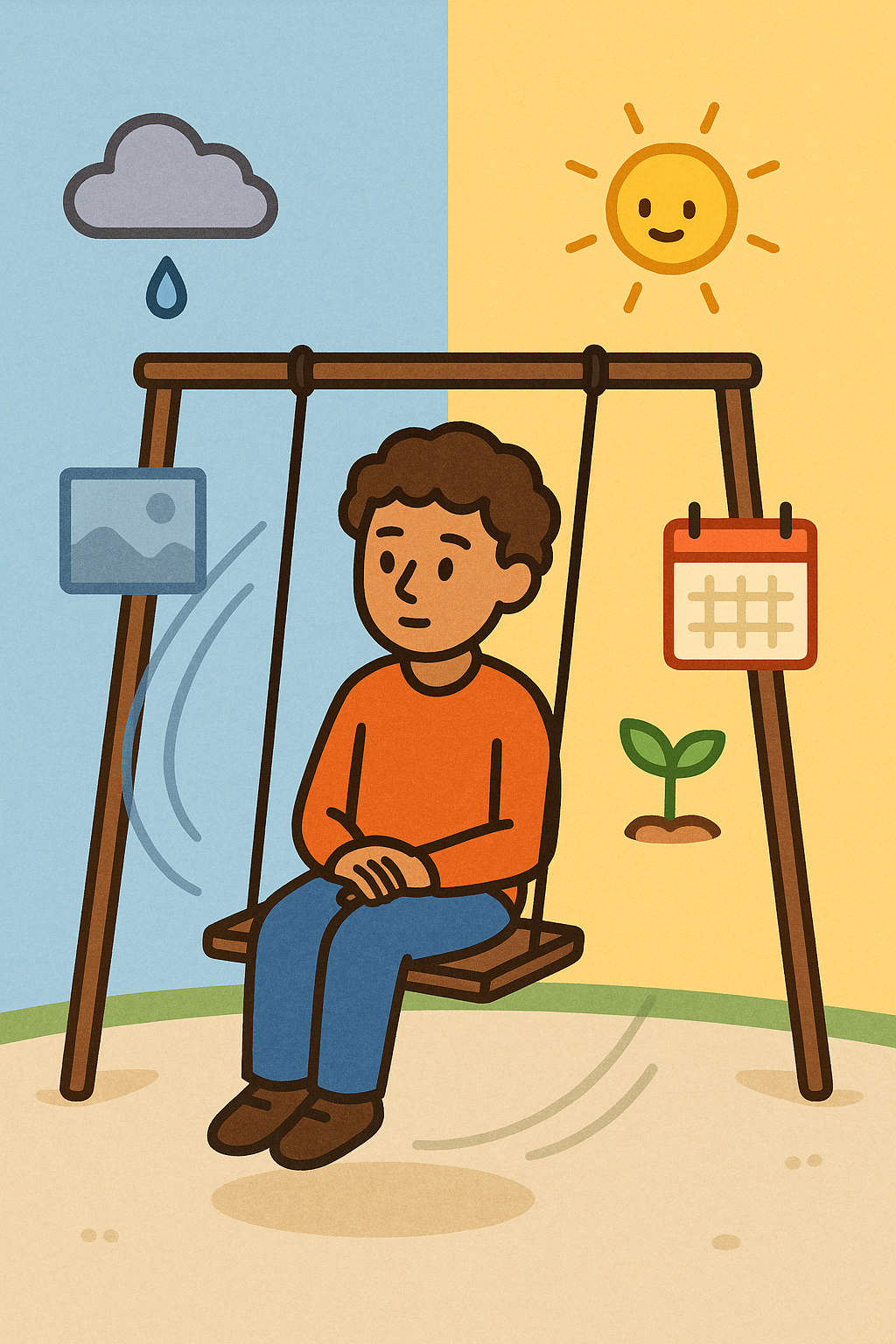 This image illustrates oscillation, where the brain naturally swings between processing grief directly and taking breaks to focus on daily life and rebuilding. This back-and-forth movement is a healthy part of coping with loss.