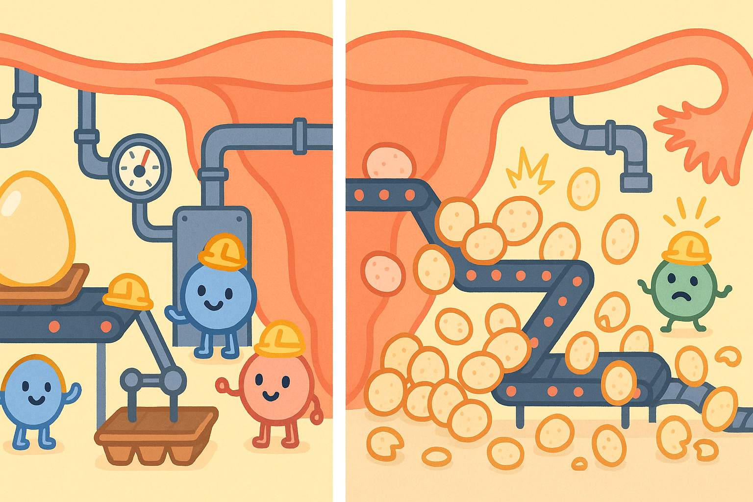 This factory shows how a healthy ovary produces one mature egg, while in PCOS, hormonal signals get confused, leading to many unfinished egg sacs.