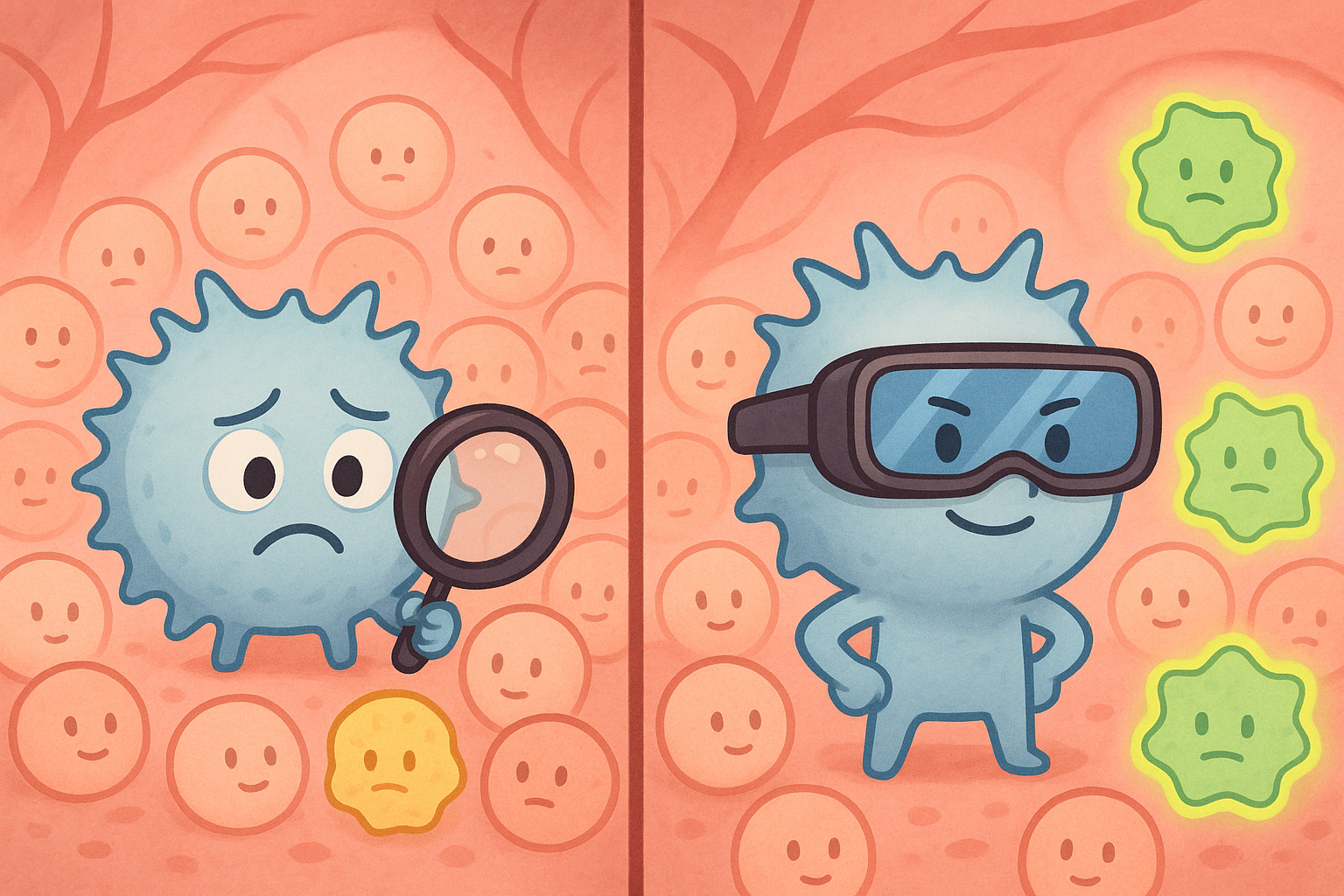 This illustration shows how cancer cells hide from regular T-cells. CAR-T therapy gives T-cells special