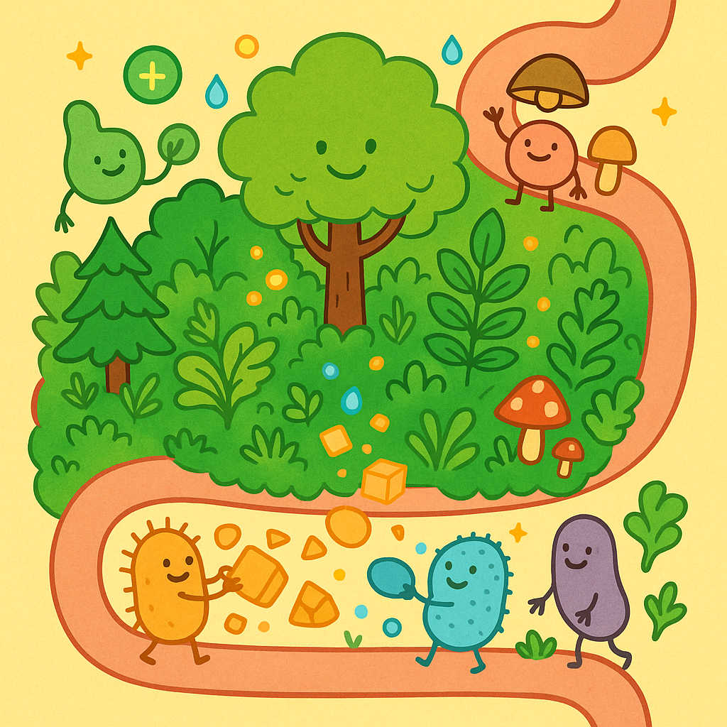 This image shows a healthy gut microbiome, like a thriving forest inside your digestive system. Diverse microbes work together to help you digest food and stay healthy.