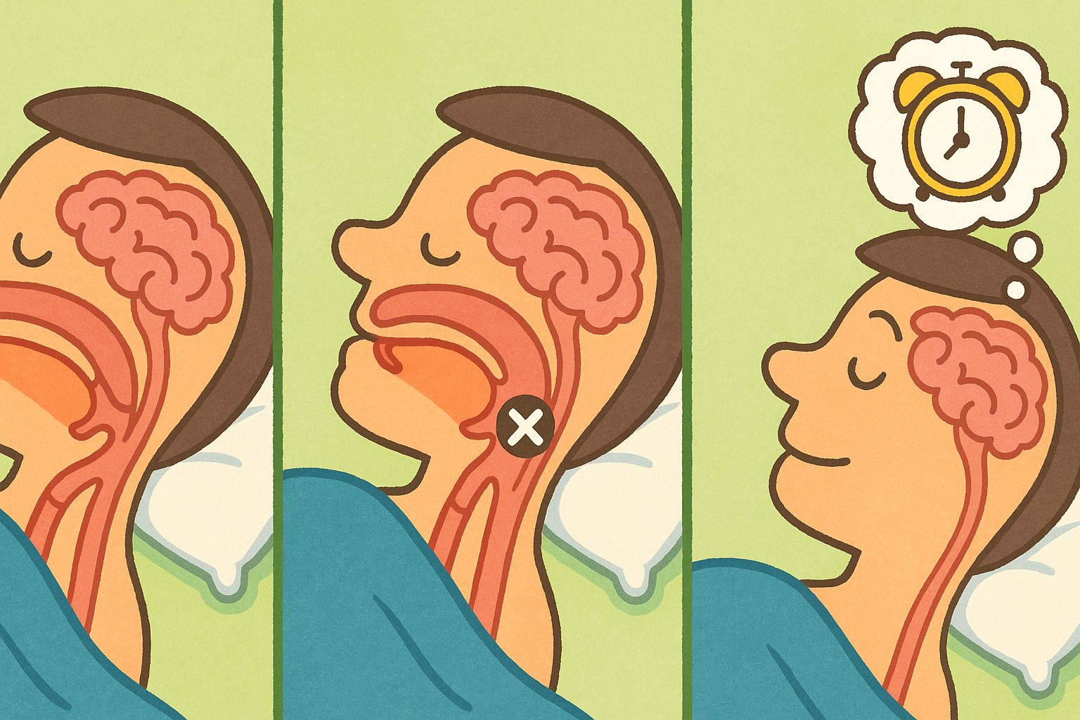 This illustration shows how muscles in your throat relax during sleep, blocking your airway and briefly waking your brain to gasp for air. This cycle repeats, preventing deep, restorative sleep.