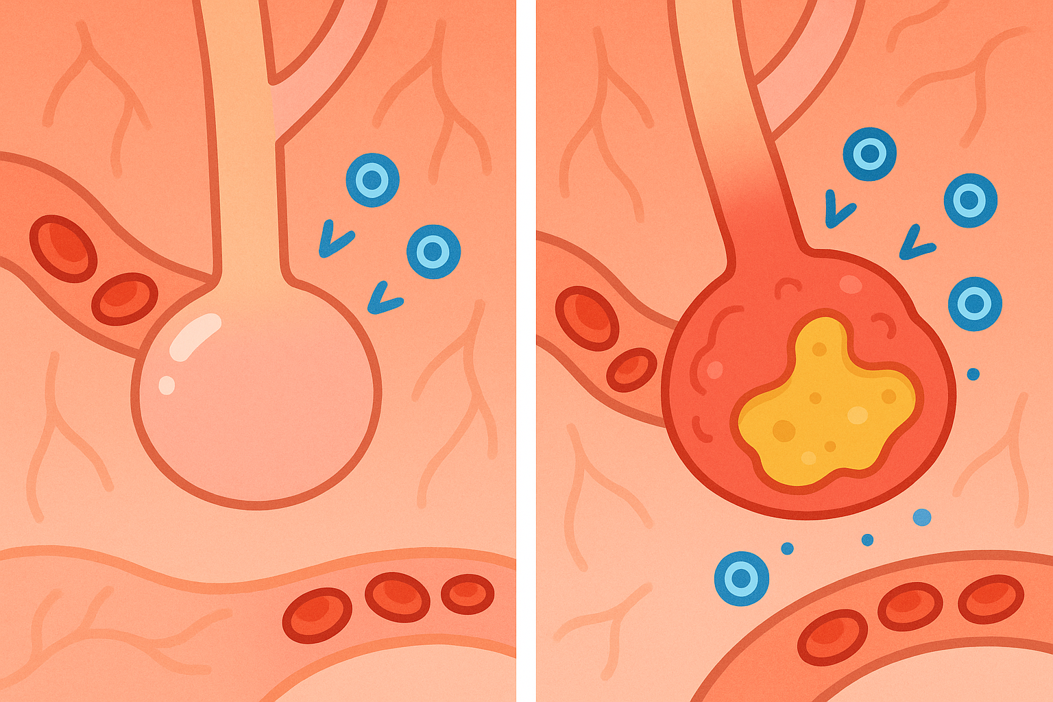 In healthy lungs, tiny air sacs called alveoli fill with air to deliver oxygen. With pneumonia, these sacs become inflamed and filled with fluid, making breathing difficult.