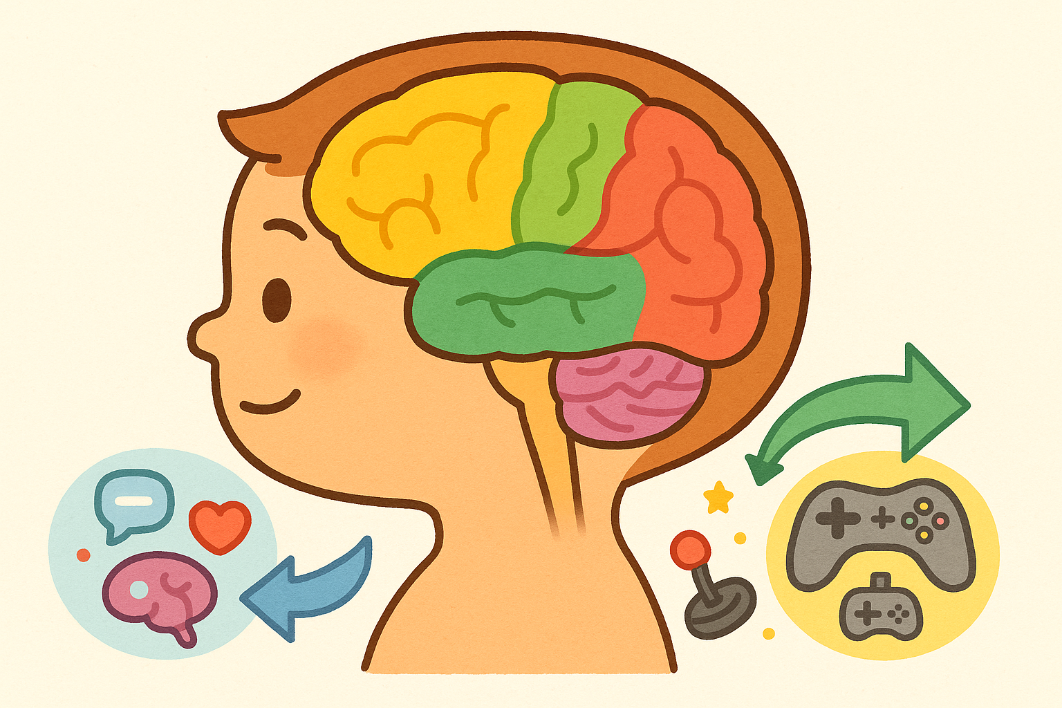 This illustration shows how different types of screen time might affect the cerebellum, a part of the brain. High social media use is linked to a slightly smaller cerebellum, while video gaming is linked to a slightly larger one.