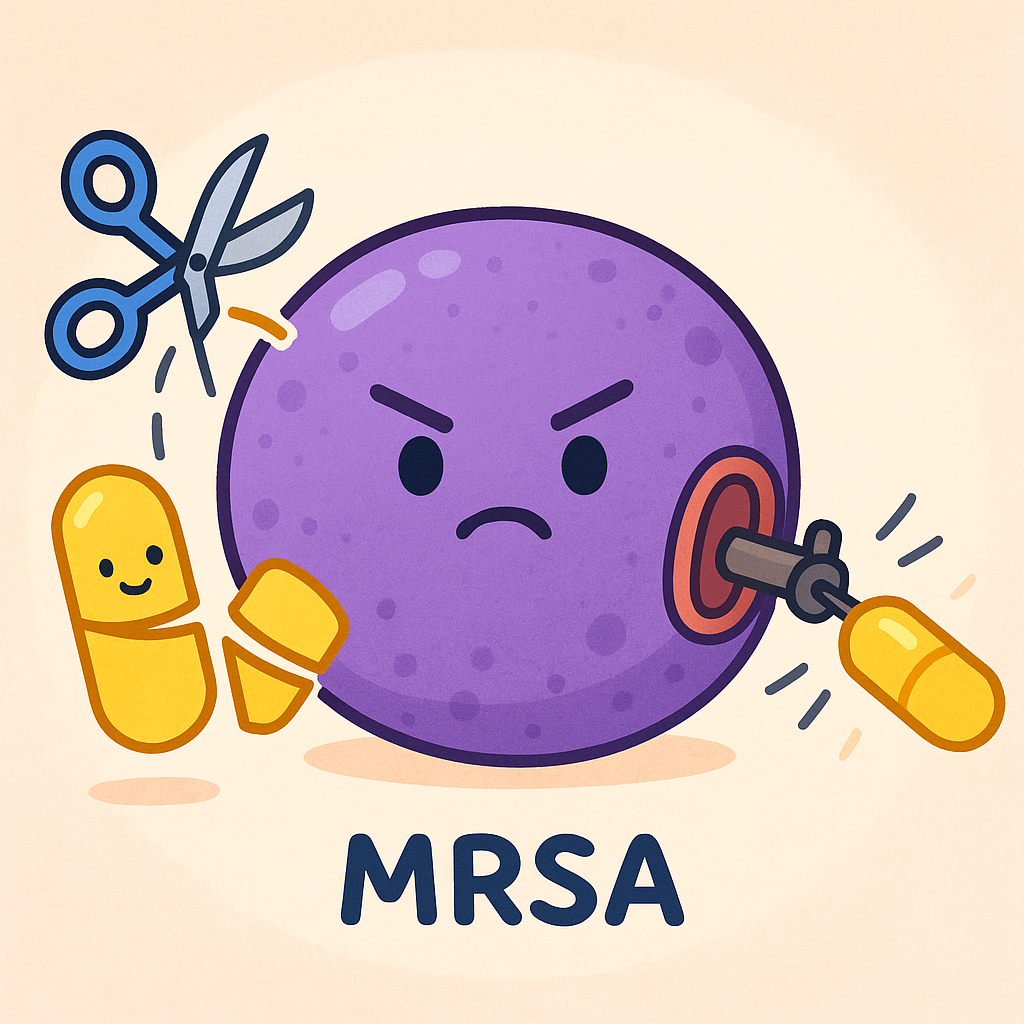 This illustration shows how MRSA bacteria fight off antibiotics. They use 'molecular scissors' to chop up some antibiotics and 'efflux pumps' to push others right back out of their cells.