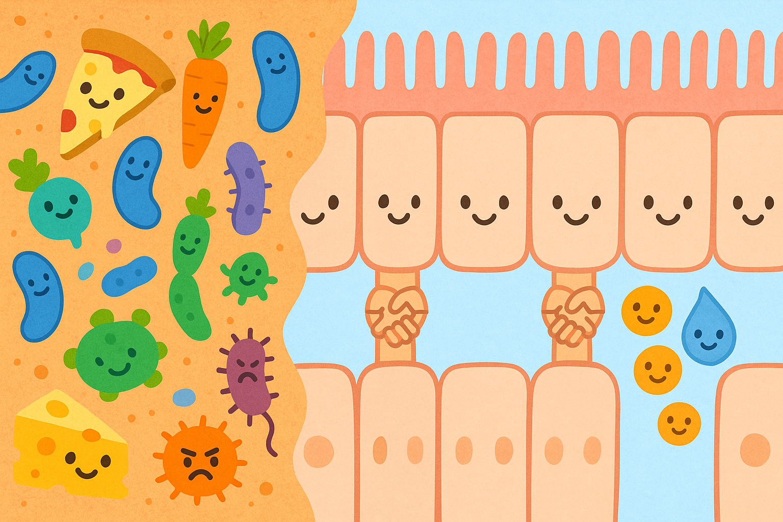 This illustration shows a healthy gut barrier. Tight junctions act like bouncers, allowing essential nutrients into the bloodstream while keeping harmful bacteria and toxins out.