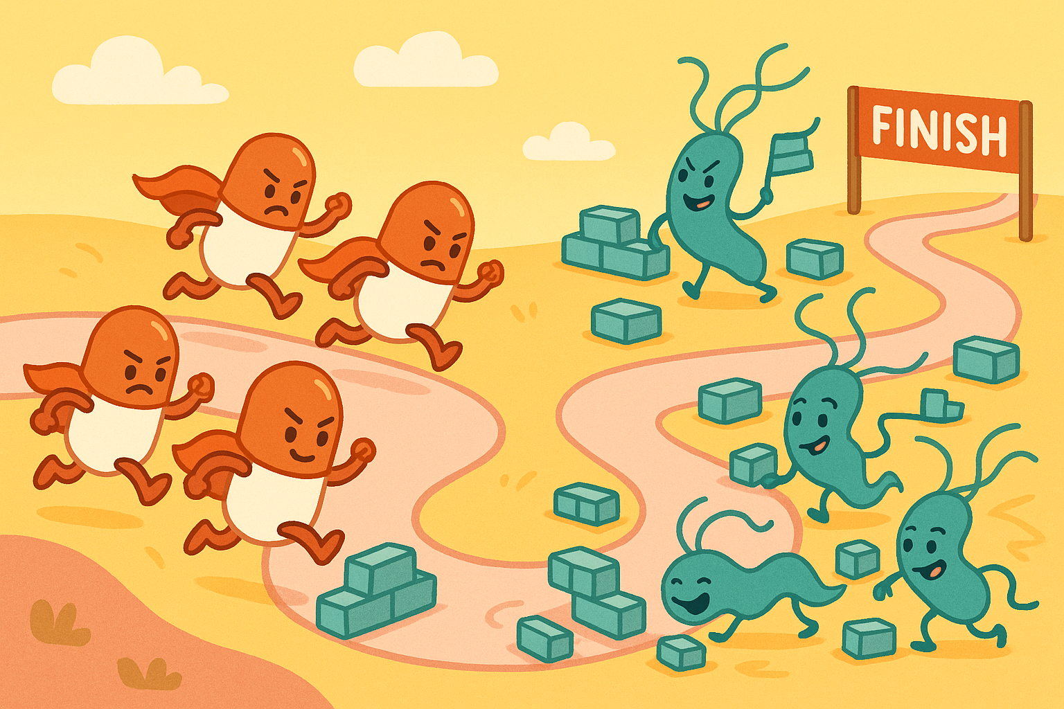 This image shows the 'evolutionary arms race' between antibiotics and bacteria. Just as we develop new drugs, the bacteria adapt and find new ways to survive.