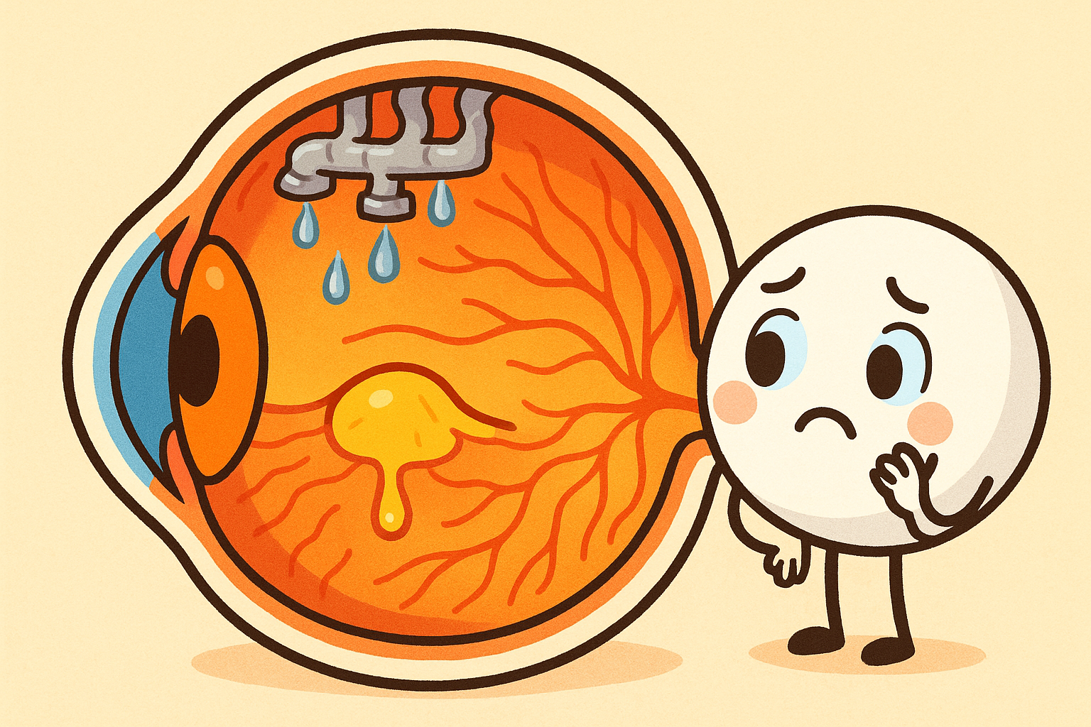 This illustration shows how abnormal, leaky blood vessels damage the macula, the part of your eye responsible for sharp central vision. The leaking fluid harms delicate cells, causing blurry or lost vision.