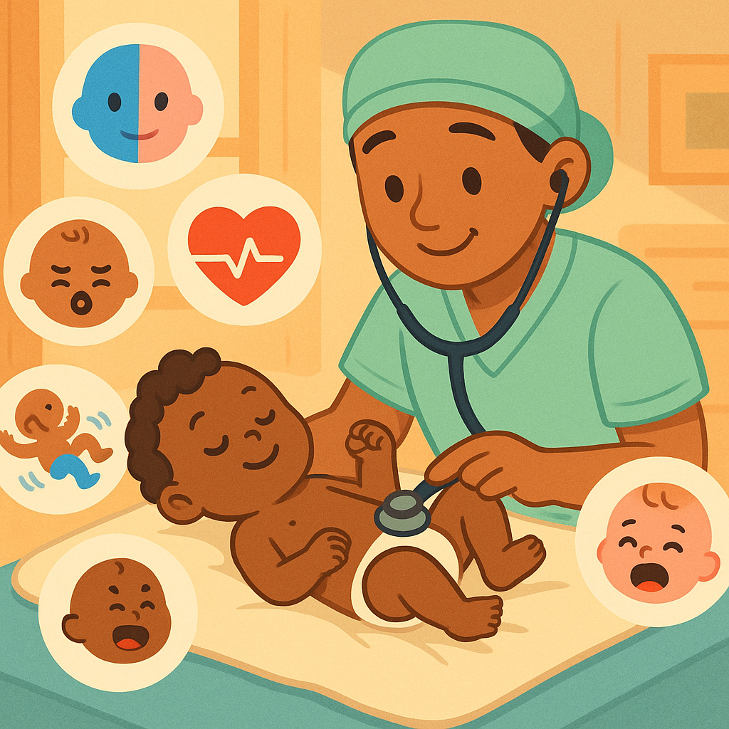This image illustrates the five areas assessed by the Apgar score: Appearance, Pulse, Grimace, Activity, and Respiration. Each category helps doctors quickly check a newborn's health.
