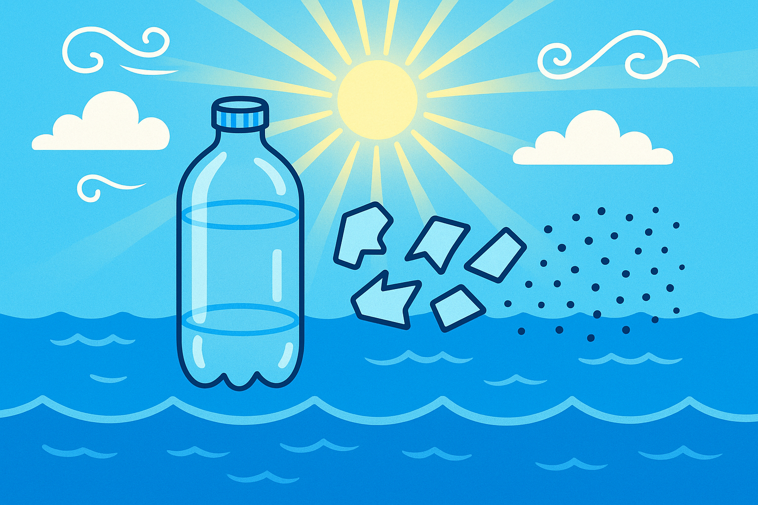 This illustration shows how sunlight, wind, and waves break down larger plastic items into tiny microplastic pieces over time. Some microplastics are so small they are invisible to the naked eye.