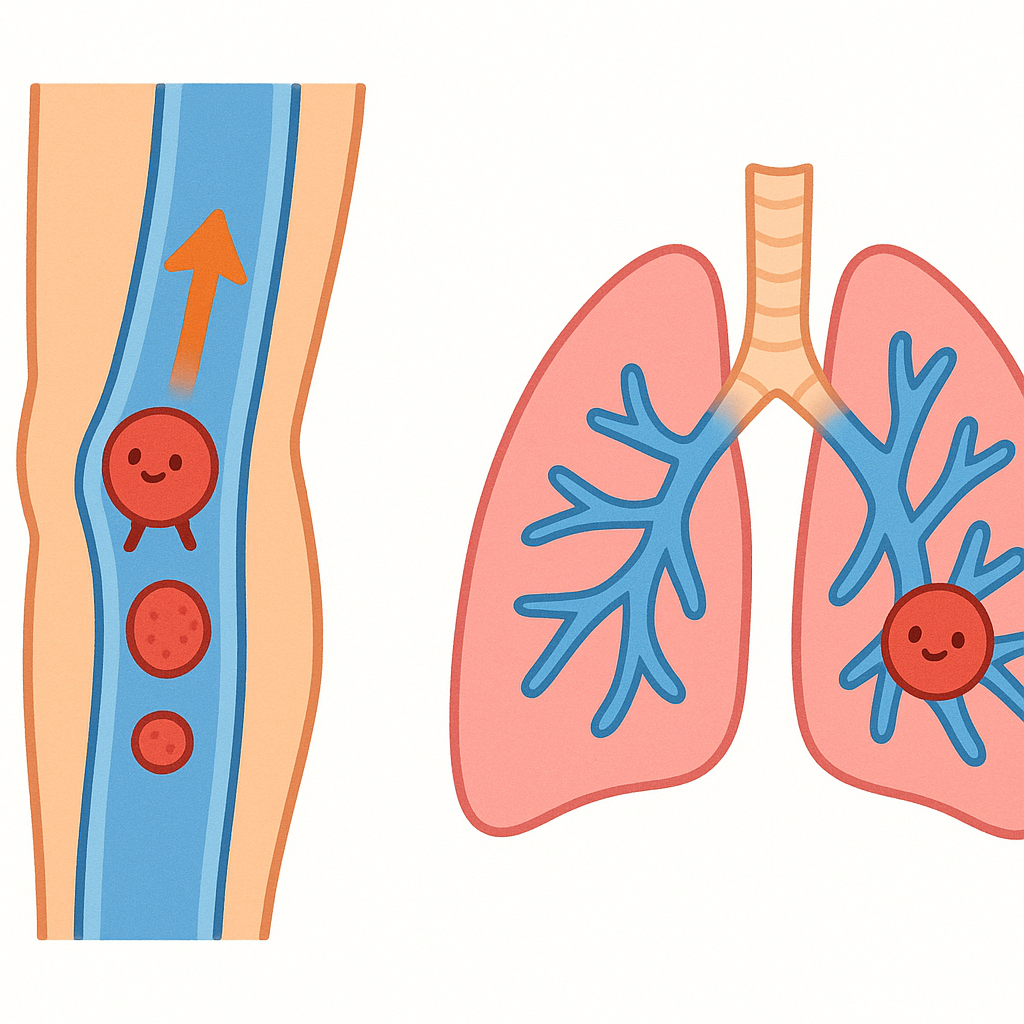 A Deep Vein Thrombosis (DVT) forms in a leg vein. If it breaks off and travels to the lungs, it becomes a dangerous Pulmonary Embolism (PE).