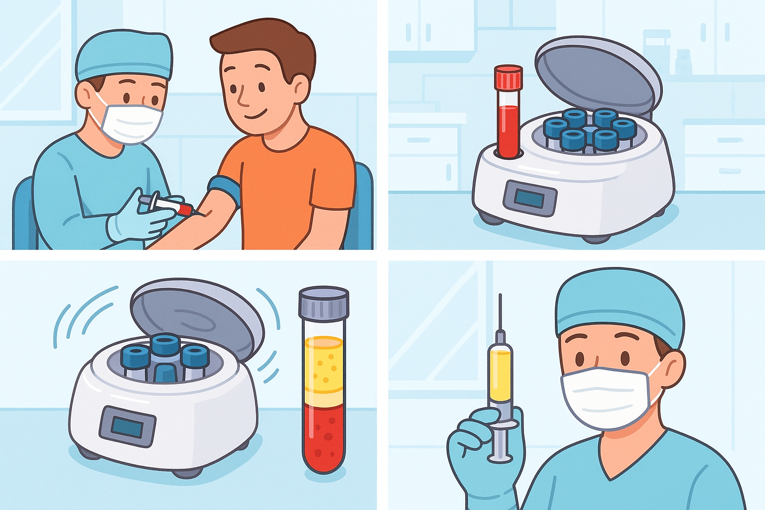 This illustration shows the four main steps of PRP preparation: drawing blood, spinning it in a centrifuge to separate components, and then extracting the concentrated platelet-rich plasma. This plasma is then ready to be injected into the target area.
