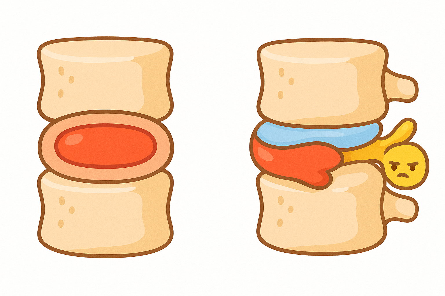 Spinal discs act like jelly donuts between your bones. A herniated disc happens when the inner gel pushes out through a tear in the outer ring, pressing on a nearby nerve.