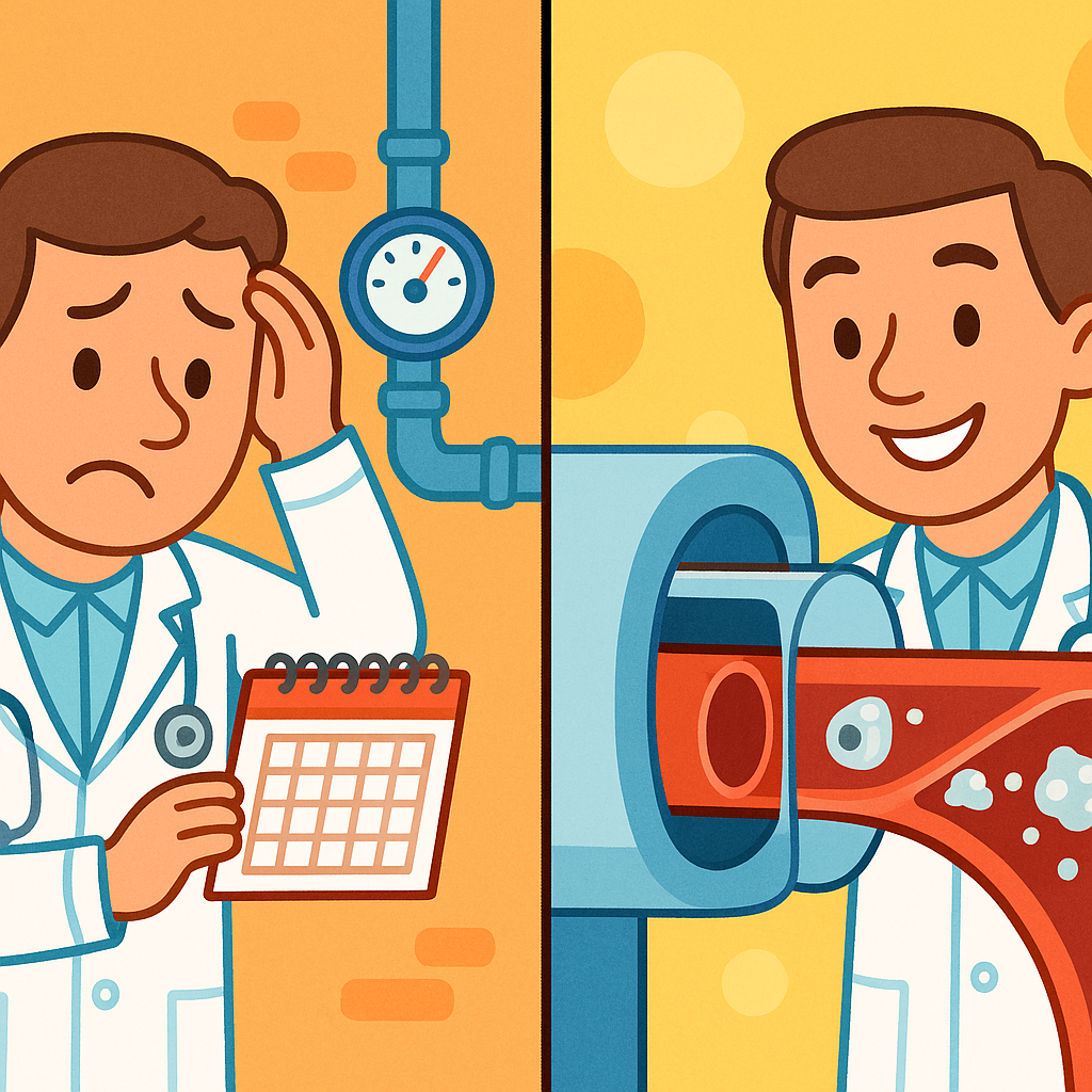 This illustration shows how traditional risk factors are like guessing pipe health from water pressure. A CAC scan, however, allows doctors to directly see calcified plaque inside heart arteries.