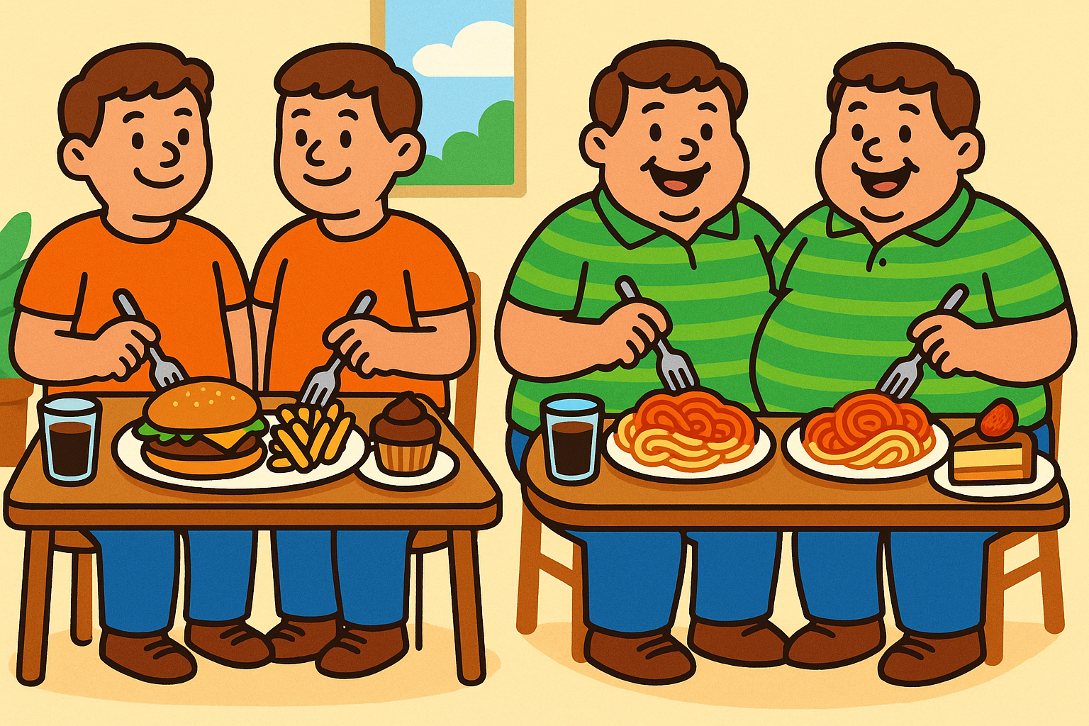 This illustration shows how genetics play a big role in weight gain. Even when eating the same extra food, identical twins gain weight in a similar way to each other, but different pairs of twins can gain very different amounts of weight and in different body areas.
