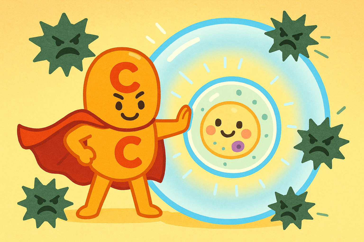 Vitamin C acts like a superhero shield, protecting your healthy cells from 'toxic compounds' that your immune system releases to fight off invaders. It makes sure your body doesn't get caught in the crossfire.