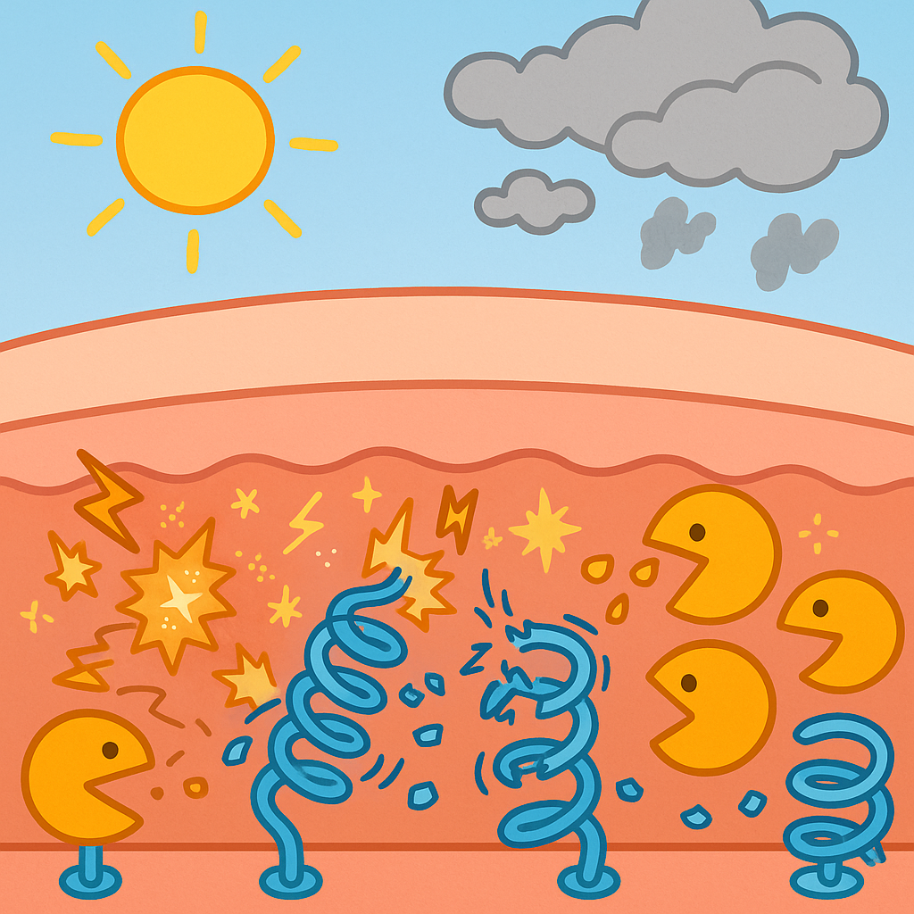 This image illustrates how external factors like sun exposure create harmful molecules and enzymes. These actively damage your skin's collagen and elastin, which are like the springs in a mattress, causing your skin to lose its firmness and bounce.