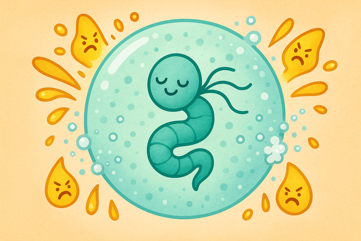 This illustration shows how H. pylori protects itself from harsh stomach acid. It creates a special 'ammonia shield' that neutralizes the acid, allowing the bacteria to survive and thrive.