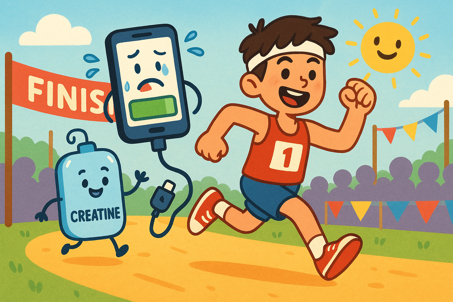 This illustration shows how creatine works like a portable power bank, giving your body a quick energy boost when its main battery runs low during intense activities like exercise or mental tasks.