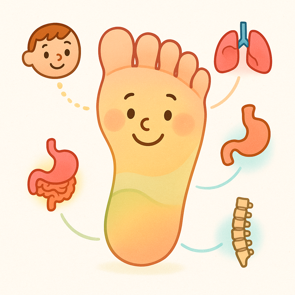 This illustration shows the basic concept of reflexology: specific areas on your foot are believed to connect to different organs and body parts.
