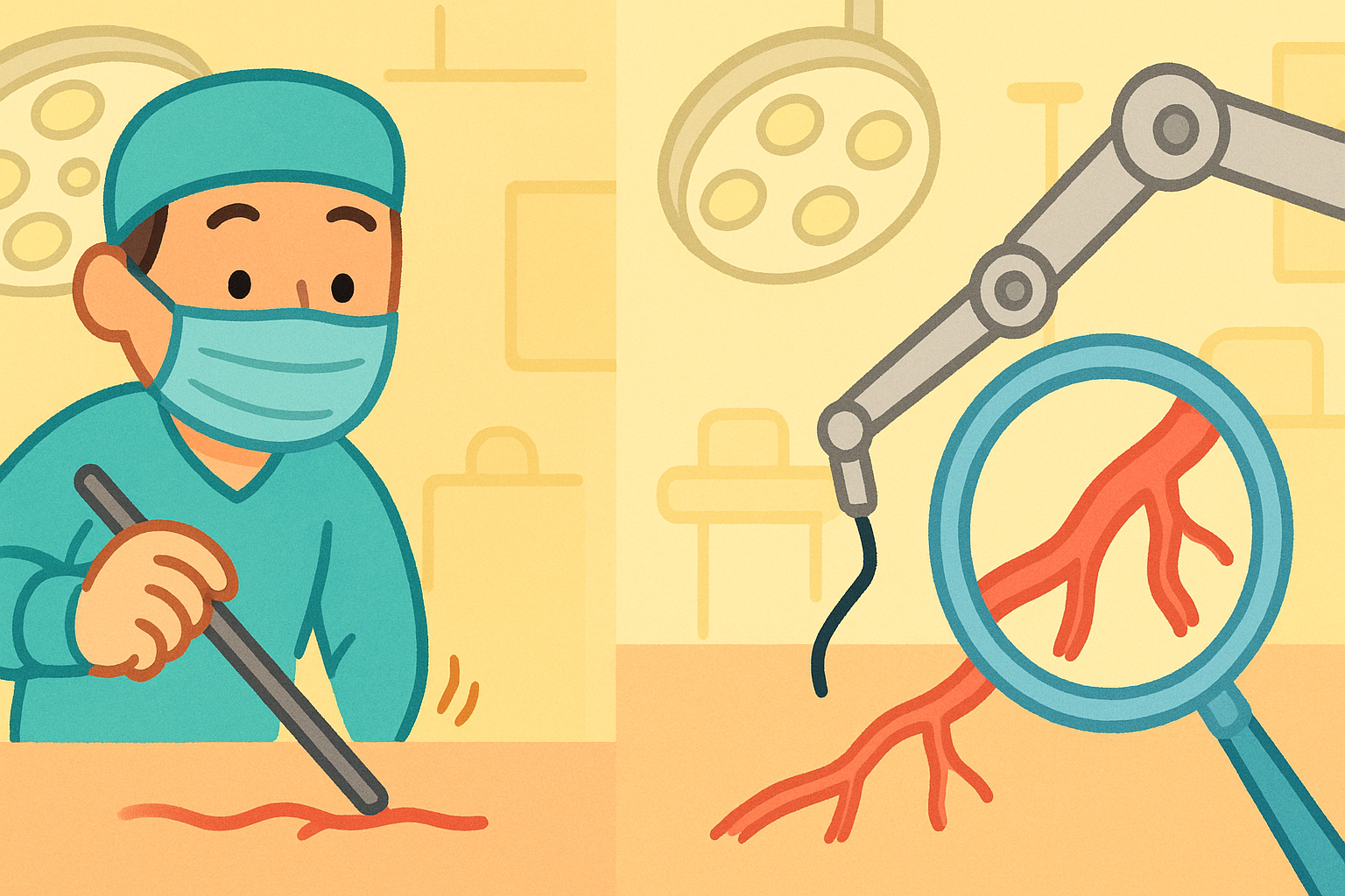 This illustration shows why robots are helpful in surgery. Human hands can have tiny tremors and tools are rigid, but robots can be perfectly steady and use flexible tools for precise movements.