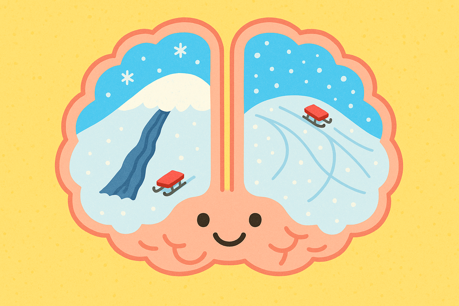 The Default Mode Network can get stuck in repetitive thought loops, like a sled in deep snow. Psychedelics act like a fresh layer of snow, allowing the brain to create new, healthier pathways.