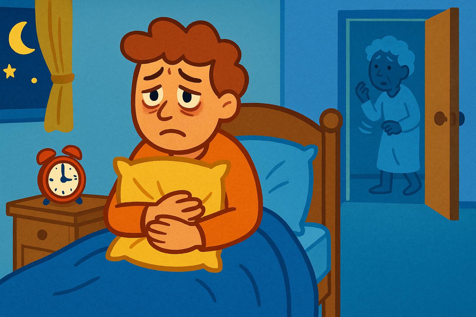 Caregivers often experience sleep disruption because people with dementia may wander, become confused at night, or need assistance. This illustration shows a tired caregiver awake in the middle of the night due to their loved one's unpredictable behavior.