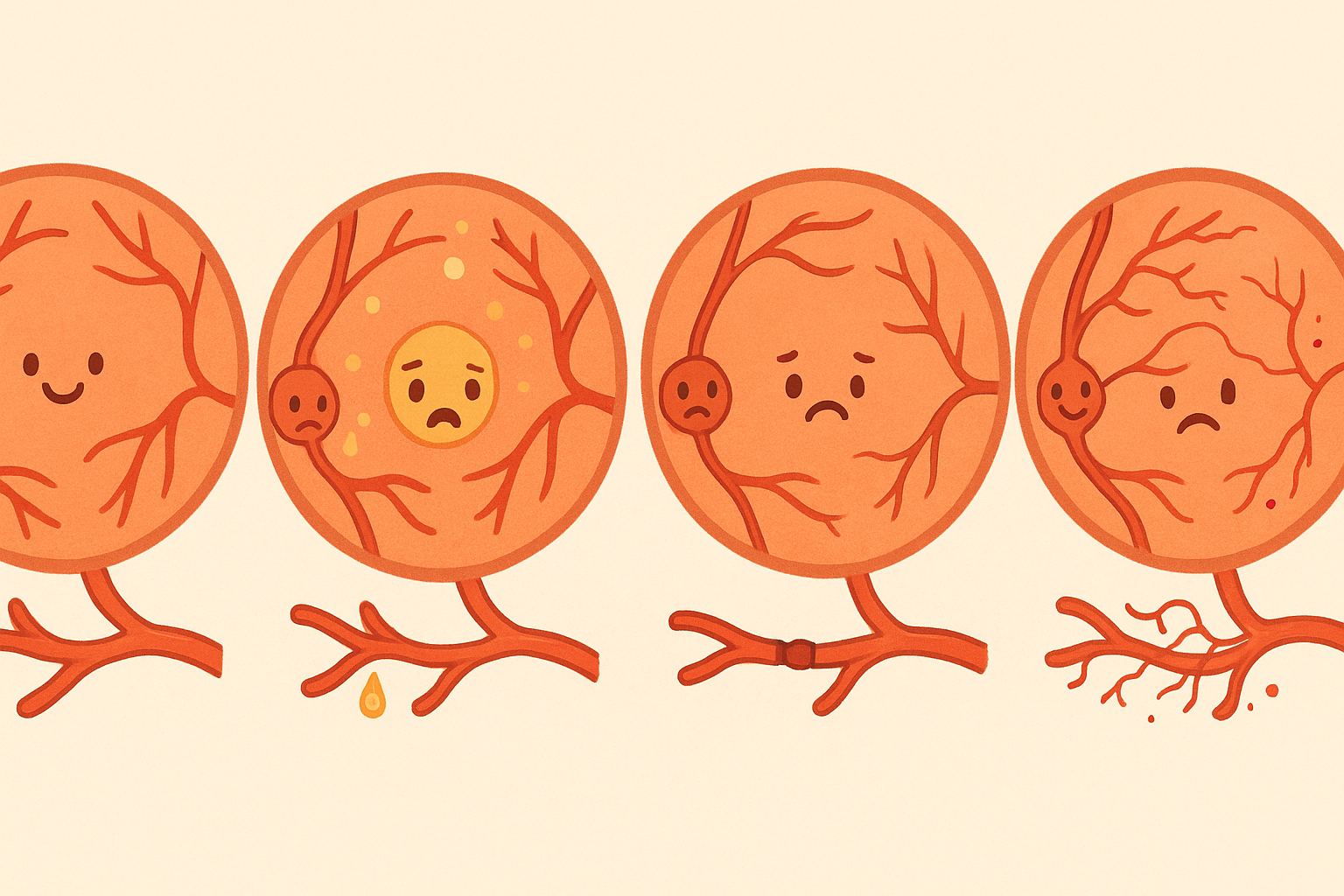 Diabetic eye disease progresses in stages, from leaky blood vessels and swelling to oxygen starvation. This can trigger the growth of new, fragile vessels that cause further damage.