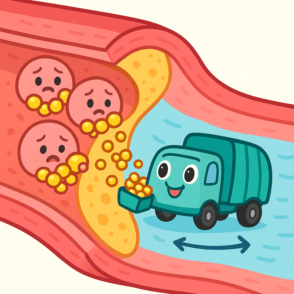 High-Density Lipoprotein (HDL) acts like a microscopic garbage truck, collecting excess cholesterol from the plaque inside artery walls and carrying it away to be removed from the body.