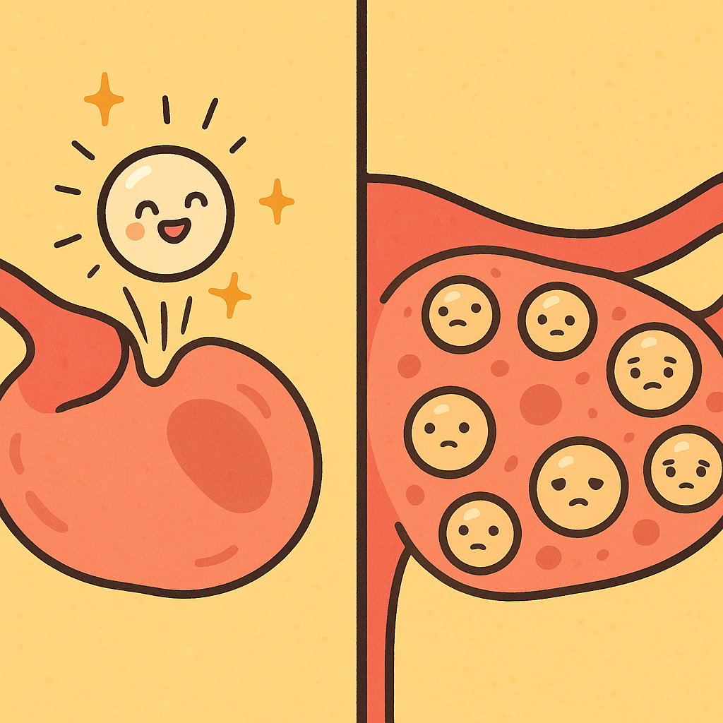 In a healthy cycle, a mature follicle bursts to release an egg. In PCOS, follicles don't fully mature or burst, remaining as small, paused sacs.