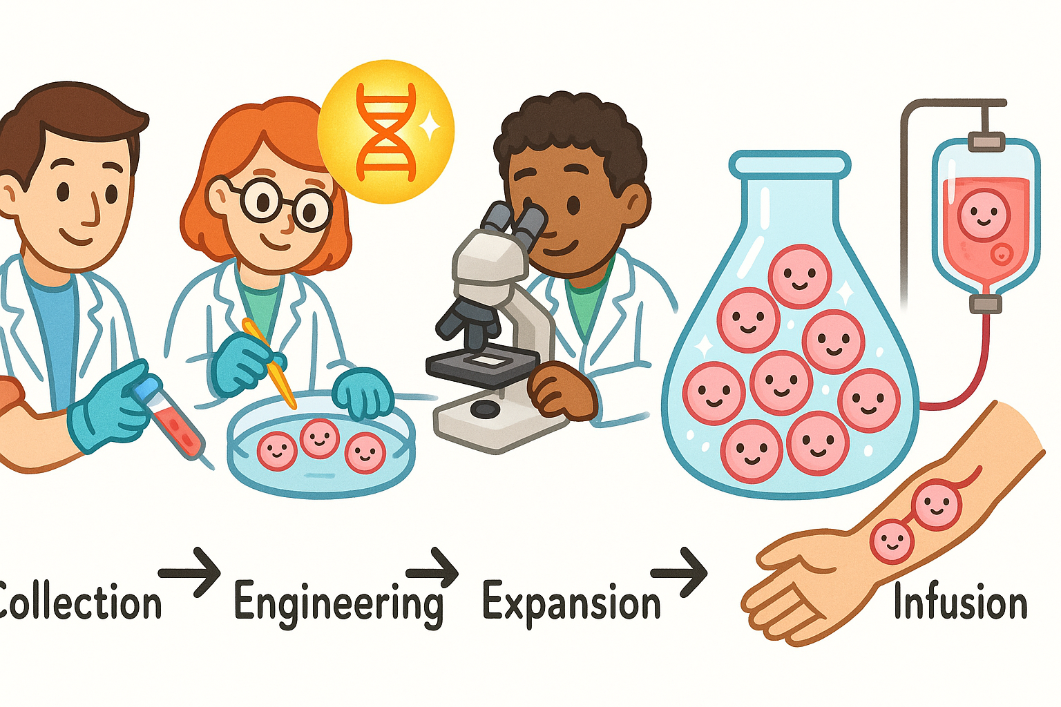 CAR-T therapy involves four main steps: collecting a patient's T-cells, genetically engineering them in a lab, multiplying them, and then infusing them back into the patient.