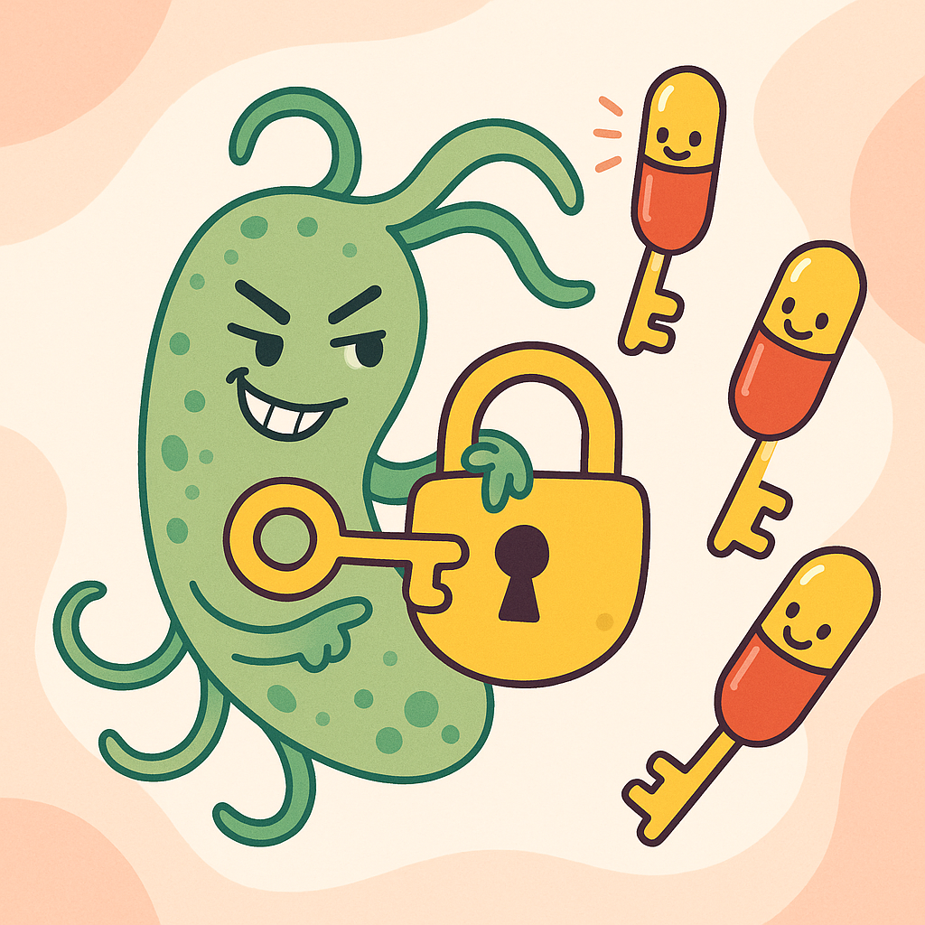 H. pylori can change its DNA, which is like changing the shape of a 'lock' on its cell. This makes old antibiotic 'keys' unable to unlock and destroy it.