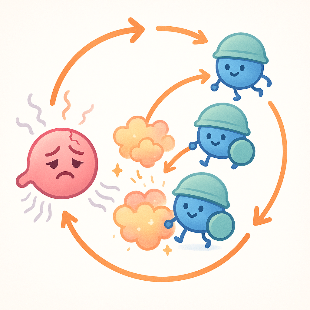 When salivary gland cells are stressed, they send out 'alarmin' signals. These signals attract immune cells, which then cause more damage and inflammation, creating a harmful cycle that eventually stops saliva production.