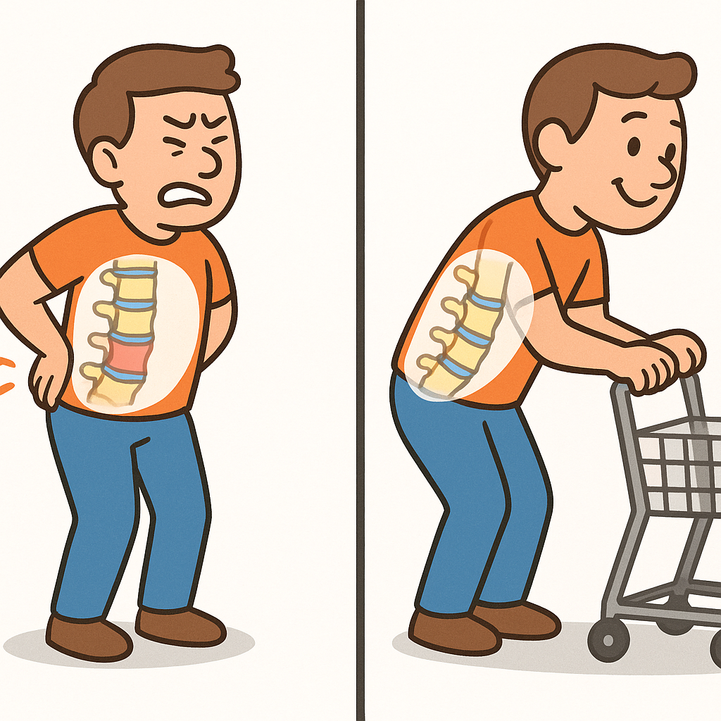 Leaning forward or sitting can slightly open the spinal canal, releasing pressure on pinched nerves. This often brings temporary relief to people with lumbar spinal stenosis.