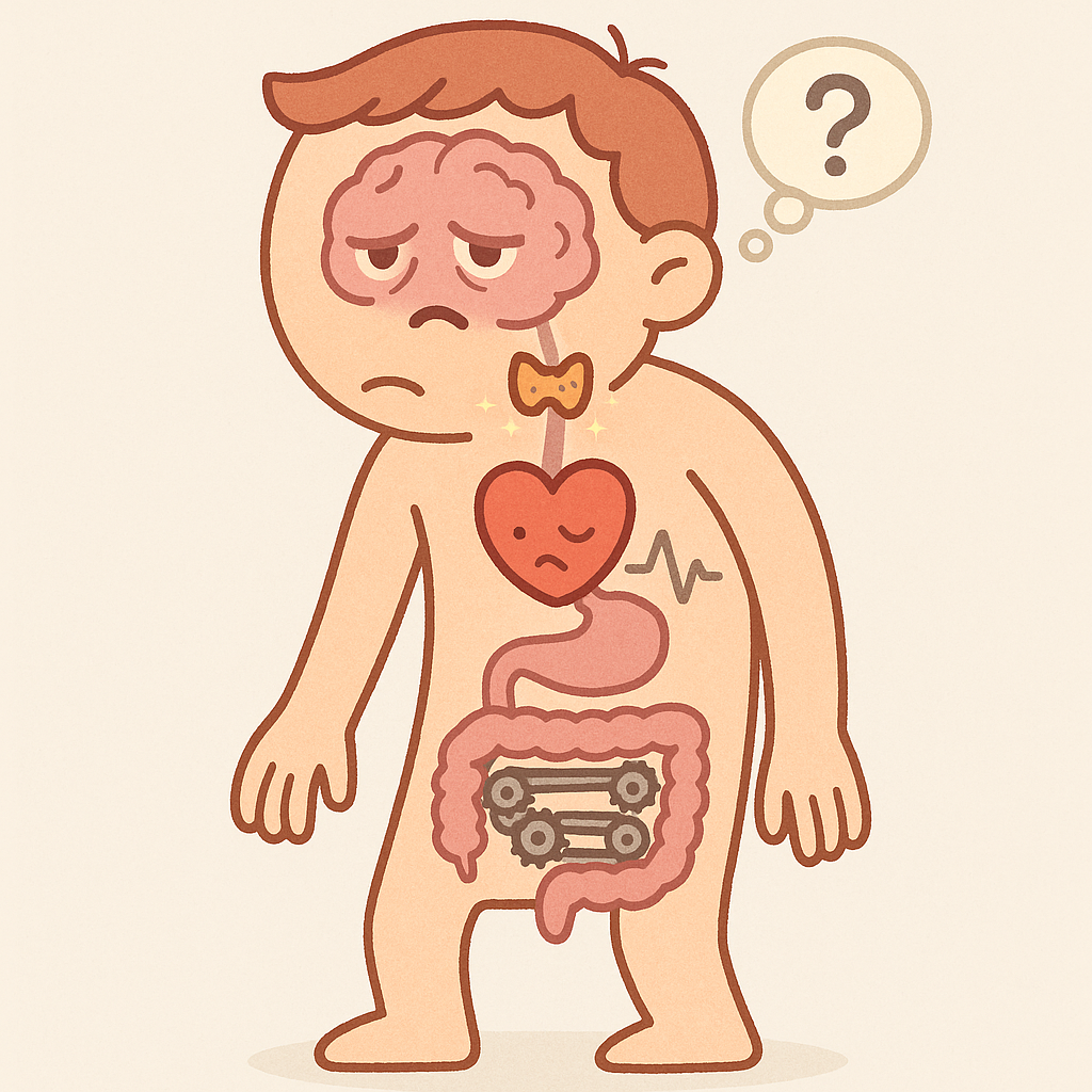 When the thyroid doesn't produce enough hormones, it's like a slowdown for your entire body. This image shows how a sluggish thyroid can make your brain feel foggy, your heart work less efficiently, and your digestion slow down.