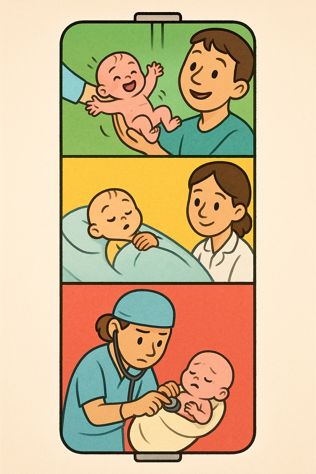 Apgar scores are added for a total from 0 to 10. Scores 7-10 are reassuring, 4-6 are moderately abnormal, and 0-3 mean the baby needs urgent help.