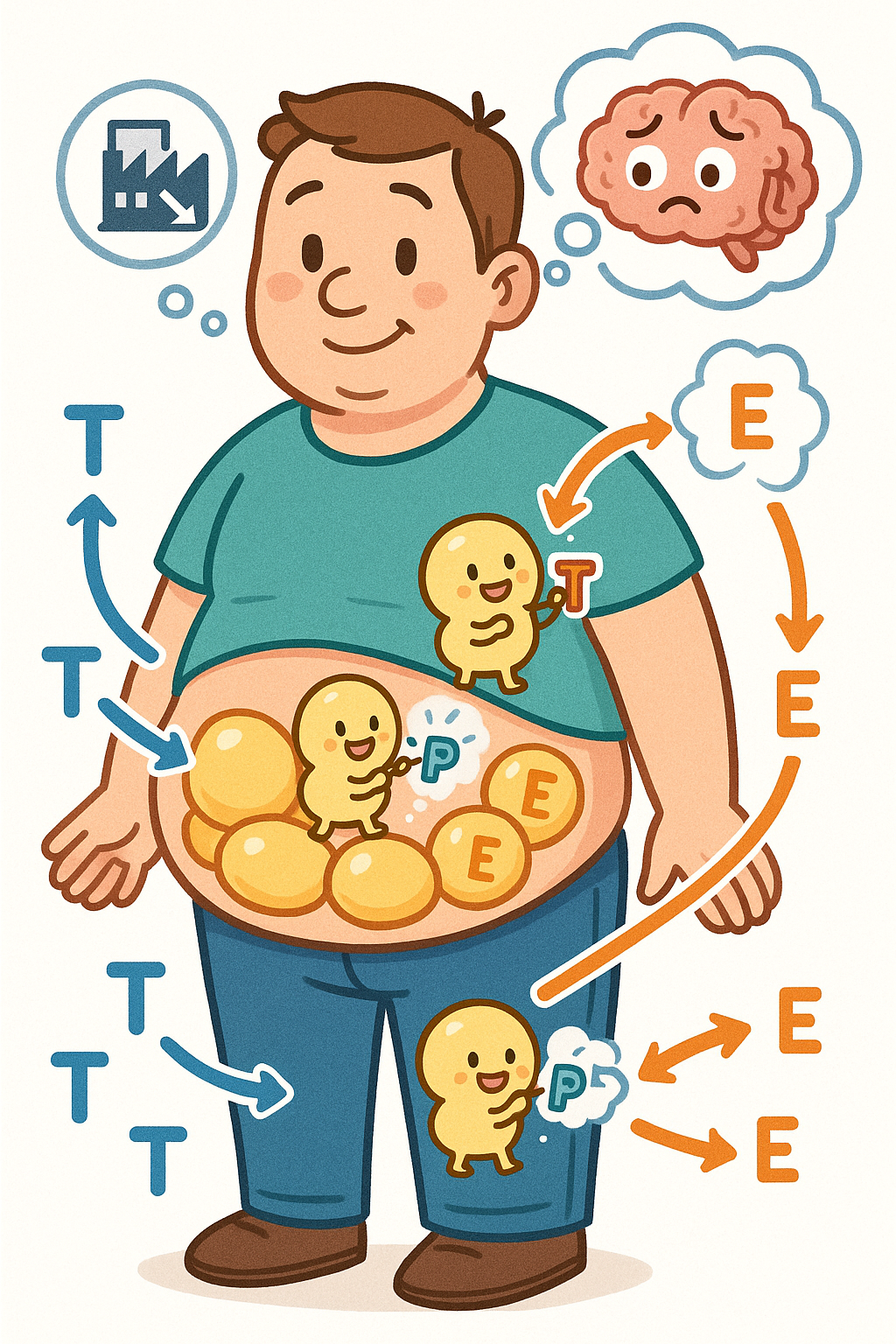 Excess body fat contains an enzyme that converts testosterone into estrogen. This signals the brain to slow down natural testosterone production, leading to lower levels.