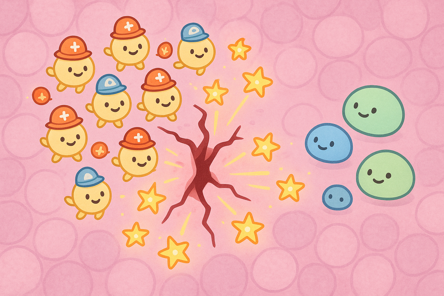 Platelets act like the body's tiny emergency team. When tissue is damaged, they rush to the site and release special proteins called growth factors, which signal other cells to start the repair process.