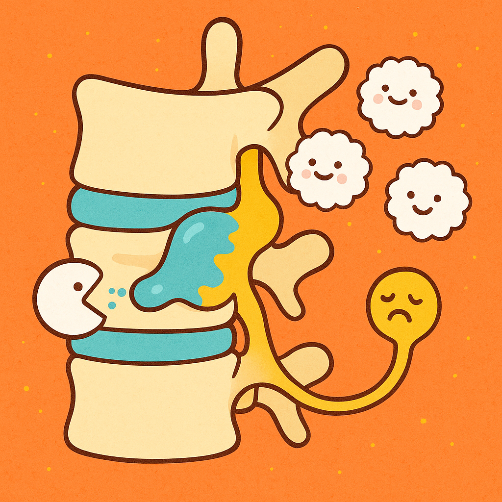 Your body's immune system has special cells, like tiny Pac-Men, that 'eat' and break down the herniated disc material, helping to relieve pressure on the nerve and promote healing.